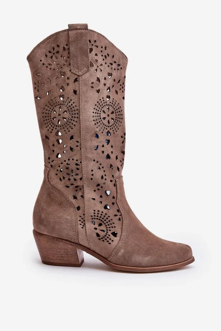 Boto Kozaki Wiosenne|Kozaki Ażurowe*Zazoo 3396 Zamszowe Ażurowe Kozaki Do Połowy Łydki Ciemnobeżowe