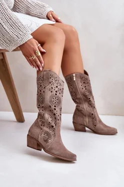 Boto Kozaki Wiosenne|Kozaki Ażurowe*Zazoo 3396 Zamszowe Ażurowe Kozaki Do Połowy Łydki Ciemnobeżowe