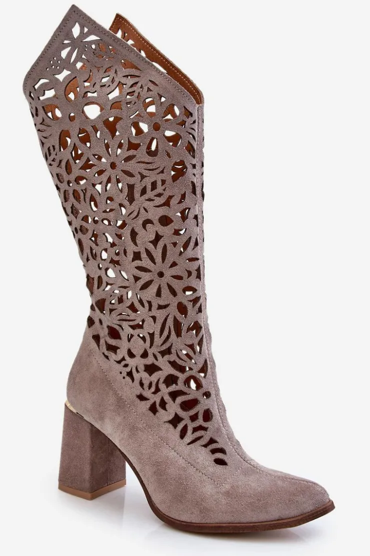 Damskie Zazoo 3234 Zamszowe Ażurowe Kozaki 3234 Cappuccino