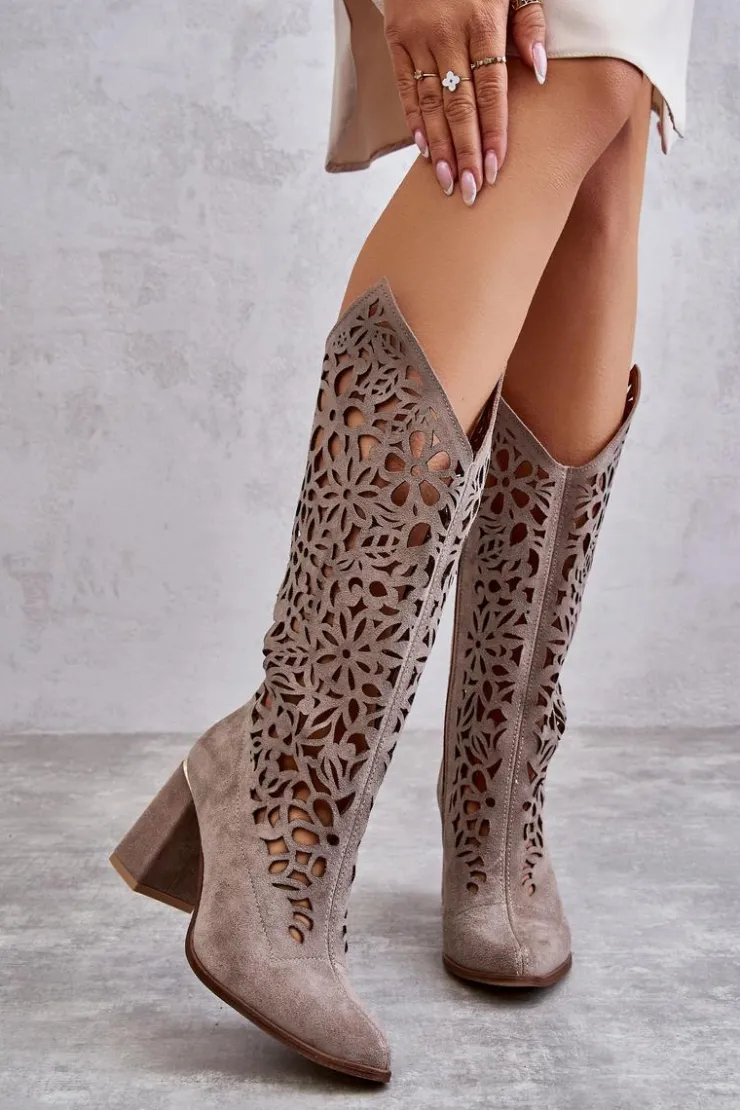 Damskie Zazoo 3234 Zamszowe Ażurowe Kozaki 3234 Cappuccino