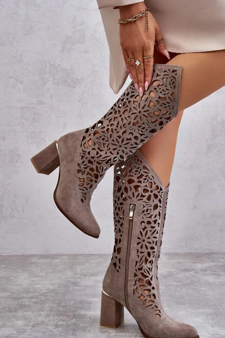 Damskie Zazoo 3234 Zamszowe Ażurowe Kozaki 3234 Cappuccino