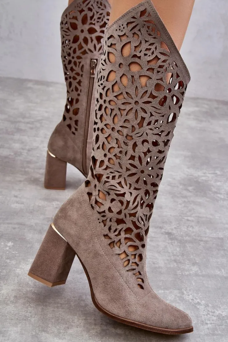 Damskie Zazoo 3234 Zamszowe Ażurowe Kozaki 3234 Cappuccino
