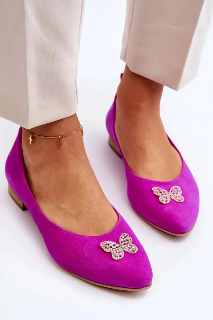 Damskie Zazoo 2887 Zamszowe Baleriny Z Ozdobnym Motylem Fuksja