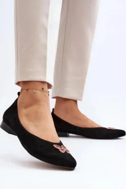 Outlet Zazoo 2887 Zamszowe Baleriny Z Ozdobnym Motylem Czarne Czarny