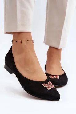 Outlet Zazoo 2887 Zamszowe Baleriny Z Ozdobnym Motylem Czarne Czarny