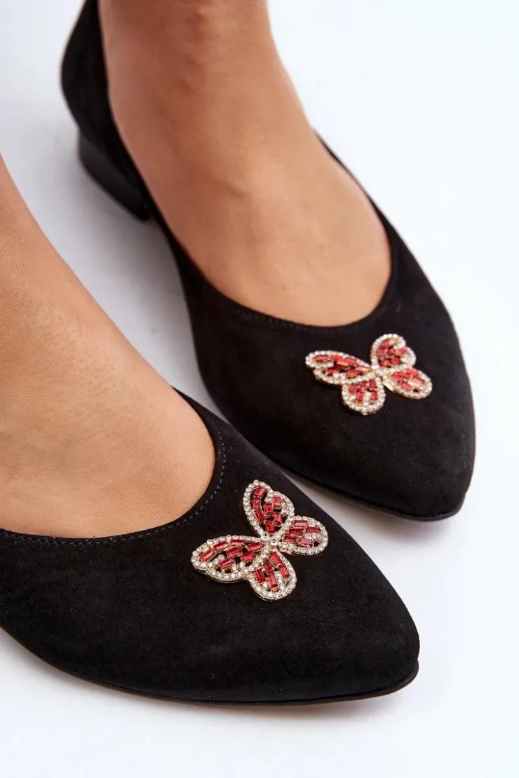 Outlet Zazoo 2887 Zamszowe Baleriny Z Ozdobnym Motylem Czarne Czarny