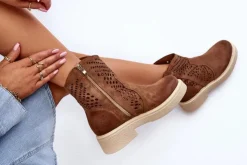 Zazoo Botki Wiosenne|Botki Ażurowe*3470 Zamszowe Botki Damskie Na Płaskim Obcasie Ażurowe Brązowe Brązowy