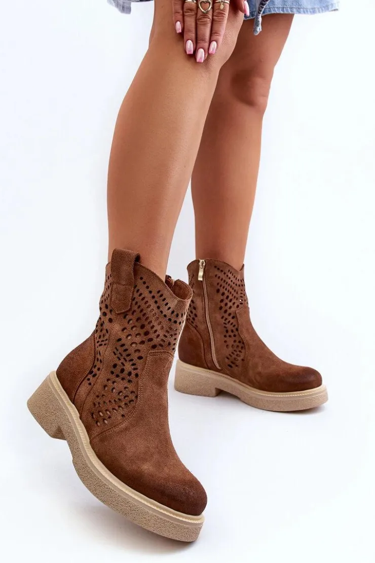 Zazoo Botki Wiosenne|Botki Ażurowe*3470 Zamszowe Botki Damskie Na Płaskim Obcasie Ażurowe Brązowe Brązowy