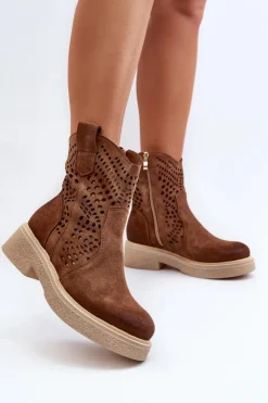 Zazoo Botki Wiosenne|Botki Ażurowe*3470 Zamszowe Botki Damskie Na Płaskim Obcasie Ażurowe Brązowe Brązowy