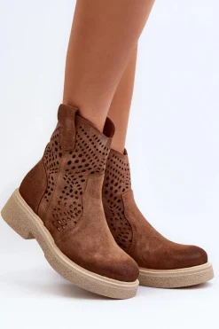 Zazoo Botki Wiosenne|Botki Ażurowe*3470 Zamszowe Botki Damskie Na Płaskim Obcasie Ażurowe Brązowe Brązowy