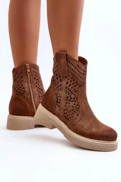 Zazoo Botki Wiosenne|Botki Ażurowe*3470 Zamszowe Botki Damskie Na Płaskim Obcasie Ażurowe Brązowe Brązowy