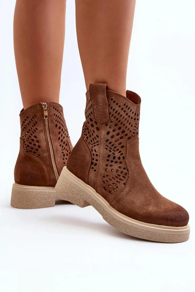 Zazoo Botki Wiosenne|Botki Ażurowe*3470 Zamszowe Botki Damskie Na Płaskim Obcasie Ażurowe Brązowe Brązowy