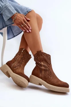 Zazoo Botki Wiosenne|Botki Ażurowe*3470 Zamszowe Botki Damskie Na Płaskim Obcasie Ażurowe Brązowe Brązowy