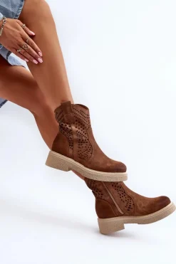 Zazoo Botki Wiosenne|Botki Ażurowe*3470 Zamszowe Botki Damskie Na Płaskim Obcasie Ażurowe Brązowe Brązowy