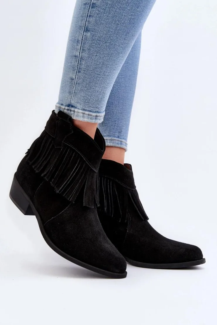 Damskie Zazoo 3430 Zamszowe Botki Damskie Z Frędzlami Czarne