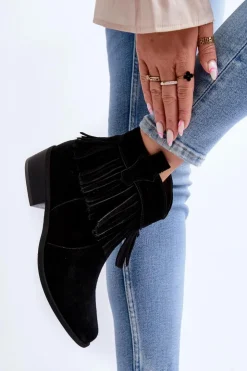 Damskie Zazoo 3430 Zamszowe Botki Damskie Z Frędzlami Czarne