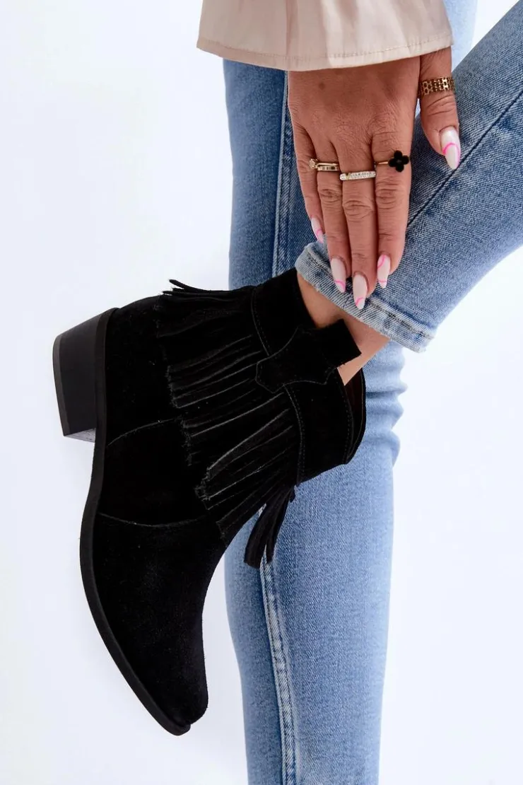 Damskie Zazoo 3430 Zamszowe Botki Damskie Z Frędzlami Czarne