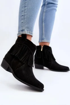 Damskie Zazoo 3430 Zamszowe Botki Damskie Z Frędzlami Czarne
