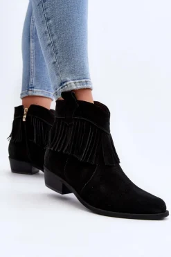 Damskie Zazoo 3430 Zamszowe Botki Damskie Z Frędzlami Czarne