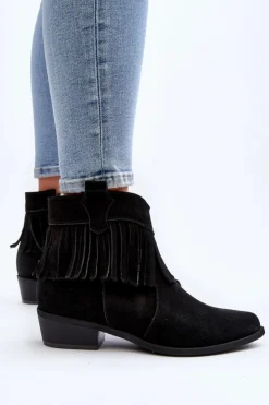 Damskie Zazoo 3430 Zamszowe Botki Damskie Z Frędzlami Czarne