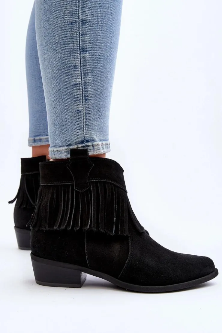 Damskie Zazoo 3430 Zamszowe Botki Damskie Z Frędzlami Czarne