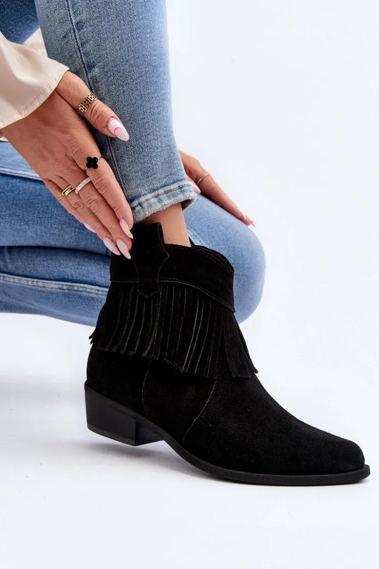Damskie Zazoo 3430 Zamszowe Botki Damskie Z Frędzlami Czarne