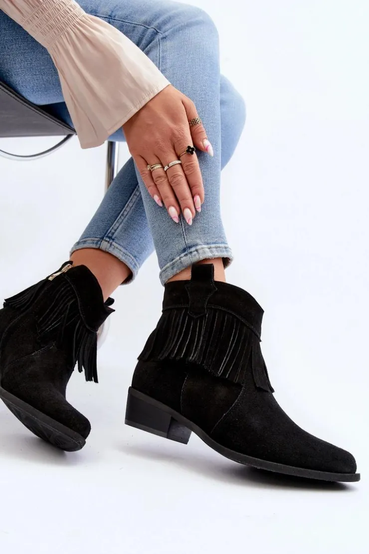 Damskie Zazoo 3430 Zamszowe Botki Damskie Z Frędzlami Czarne