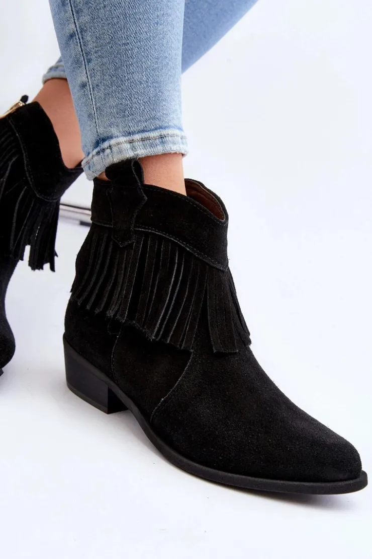 Damskie Zazoo 3430 Zamszowe Botki Damskie Z Frędzlami Czarne