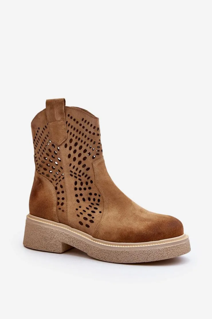 Online Zazoo 3470 Zamszowe Botki Damskie Na Płaskim Obcasie Ażurowe Beżowe Beżowy