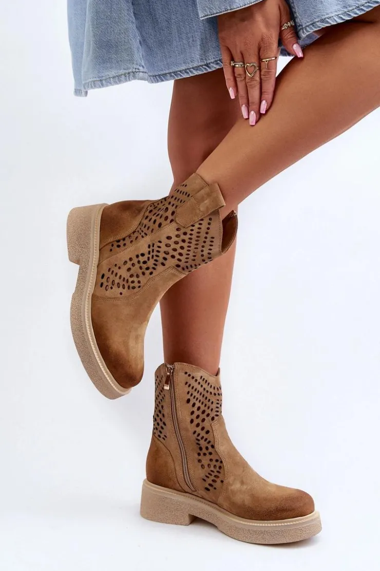 Online Zazoo 3470 Zamszowe Botki Damskie Na Płaskim Obcasie Ażurowe Beżowe Beżowy