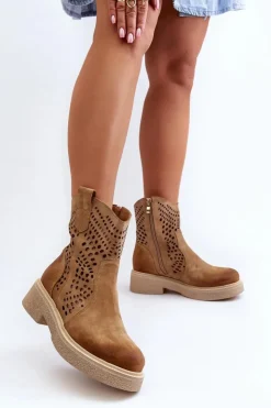 Online Zazoo 3470 Zamszowe Botki Damskie Na Płaskim Obcasie Ażurowe Beżowe Beżowy