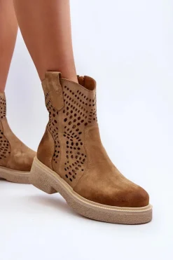 Online Zazoo 3470 Zamszowe Botki Damskie Na Płaskim Obcasie Ażurowe Beżowe Beżowy