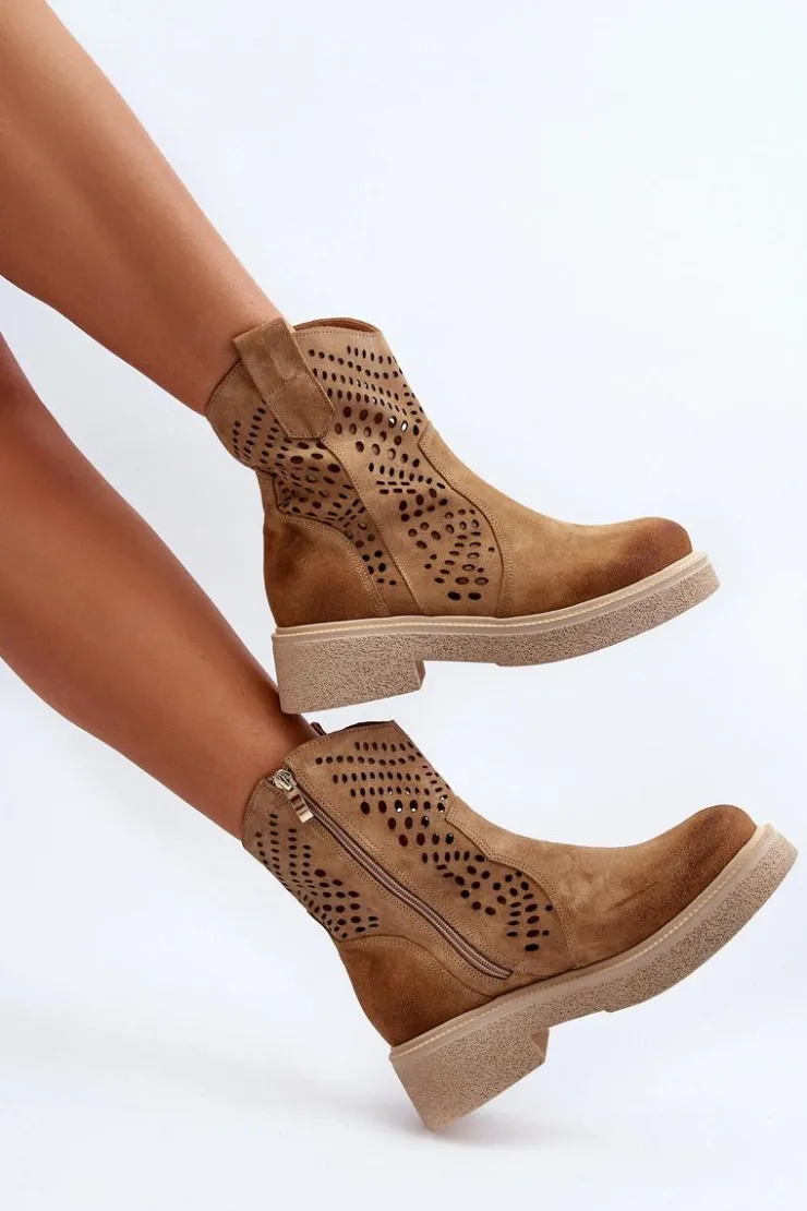 Online Zazoo 3470 Zamszowe Botki Damskie Na Płaskim Obcasie Ażurowe Beżowe Beżowy