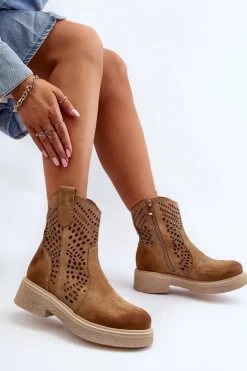 Online Zazoo 3470 Zamszowe Botki Damskie Na Płaskim Obcasie Ażurowe Beżowe Beżowy