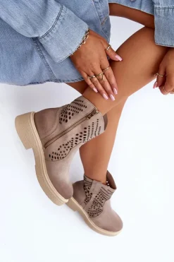 Hot Zazoo 3470 Zamszowe Botki Damskie Na Płaskim Obcasie Ażurowe Cappuccino