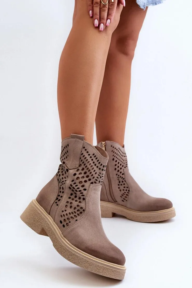 Hot Zazoo 3470 Zamszowe Botki Damskie Na Płaskim Obcasie Ażurowe Cappuccino