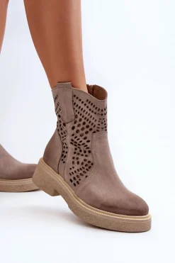 Hot Zazoo 3470 Zamszowe Botki Damskie Na Płaskim Obcasie Ażurowe Cappuccino