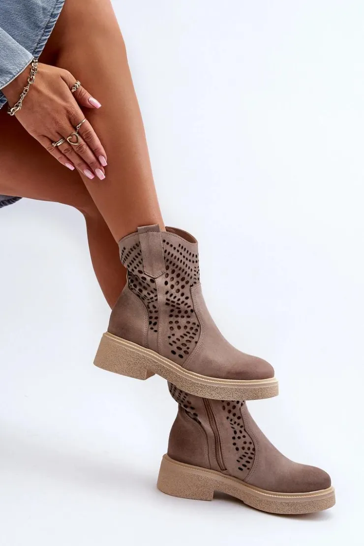 Hot Zazoo 3470 Zamszowe Botki Damskie Na Płaskim Obcasie Ażurowe Cappuccino