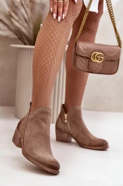 Damskie Zazoo 60475 Zamszowe Botki Damskie Na Niskim Obcasie Ocieplane Ciemnobeżowe