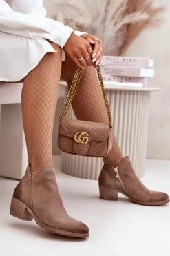 Damskie Zazoo 60475 Zamszowe Botki Damskie Na Niskim Obcasie Ocieplane Ciemnobeżowe