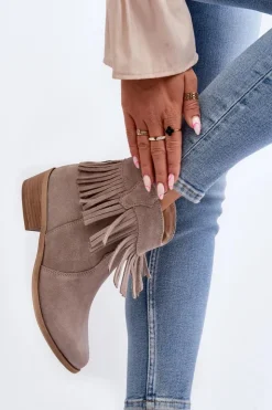 Discount Zazoo 3430 Zamszowe Botki Damskie Z Frędzlami Cappucino