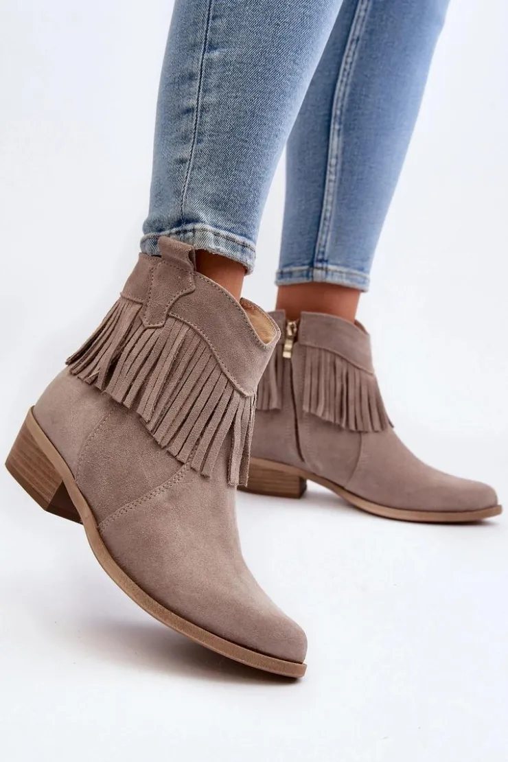 Discount Zazoo 3430 Zamszowe Botki Damskie Z Frędzlami Cappucino