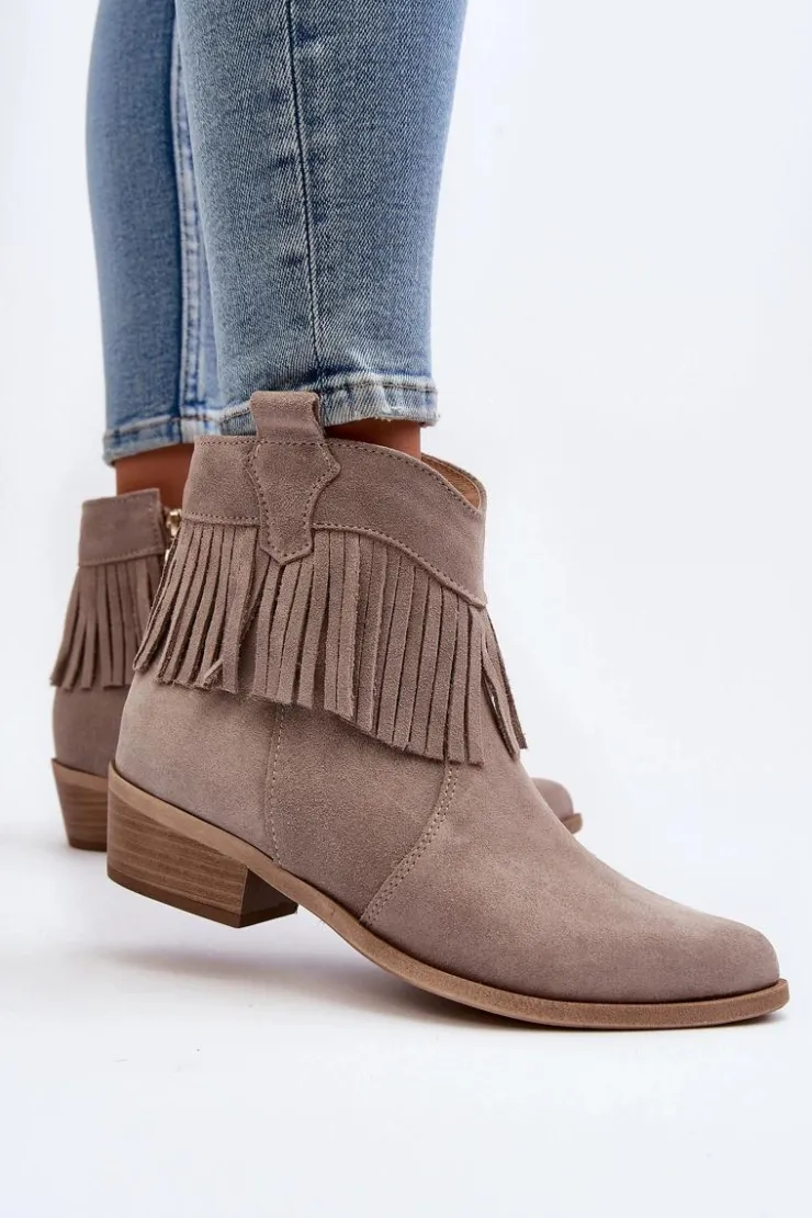 Discount Zazoo 3430 Zamszowe Botki Damskie Z Frędzlami Cappucino