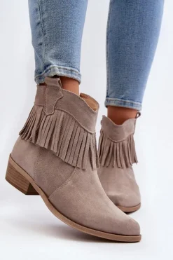 Discount Zazoo 3430 Zamszowe Botki Damskie Z Frędzlami Cappucino