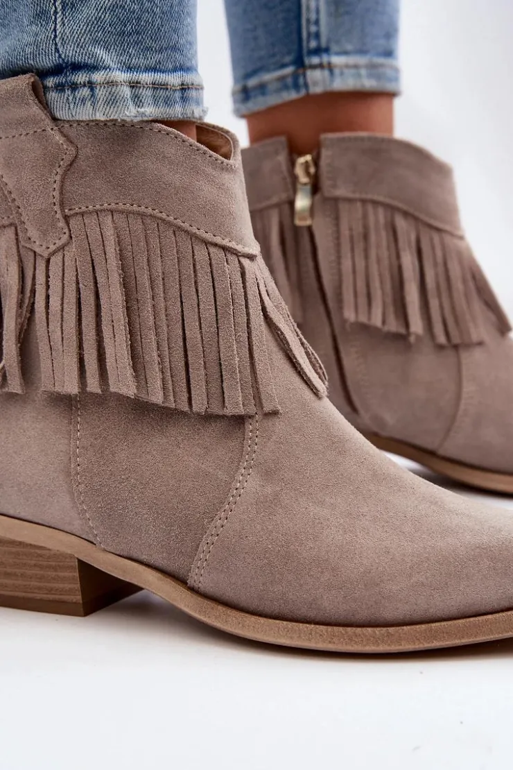 Discount Zazoo 3430 Zamszowe Botki Damskie Z Frędzlami Cappucino