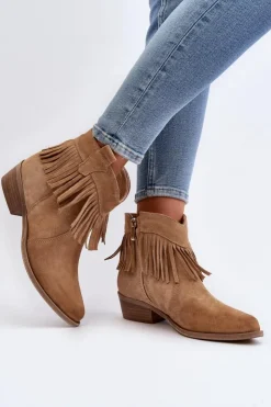 Zazoo Botki Wiosenne|Brązowe I Beżowe Botki*3430 Zamszowe Botki Damskie Z Frędzlami Beżowe