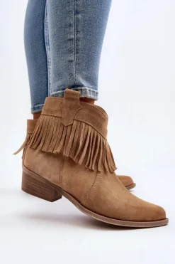 Zazoo Botki Wiosenne|Brązowe I Beżowe Botki*3430 Zamszowe Botki Damskie Z Frędzlami Beżowe