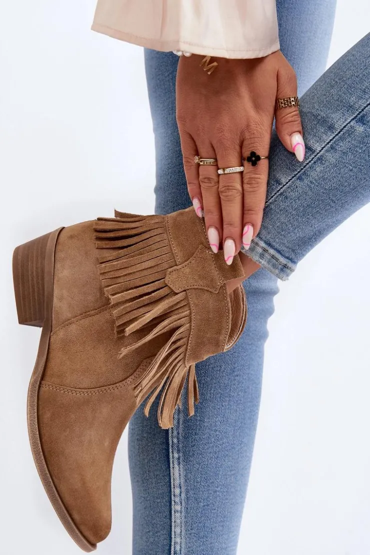 Zazoo Botki Wiosenne|Brązowe I Beżowe Botki*3430 Zamszowe Botki Damskie Z Frędzlami Beżowe