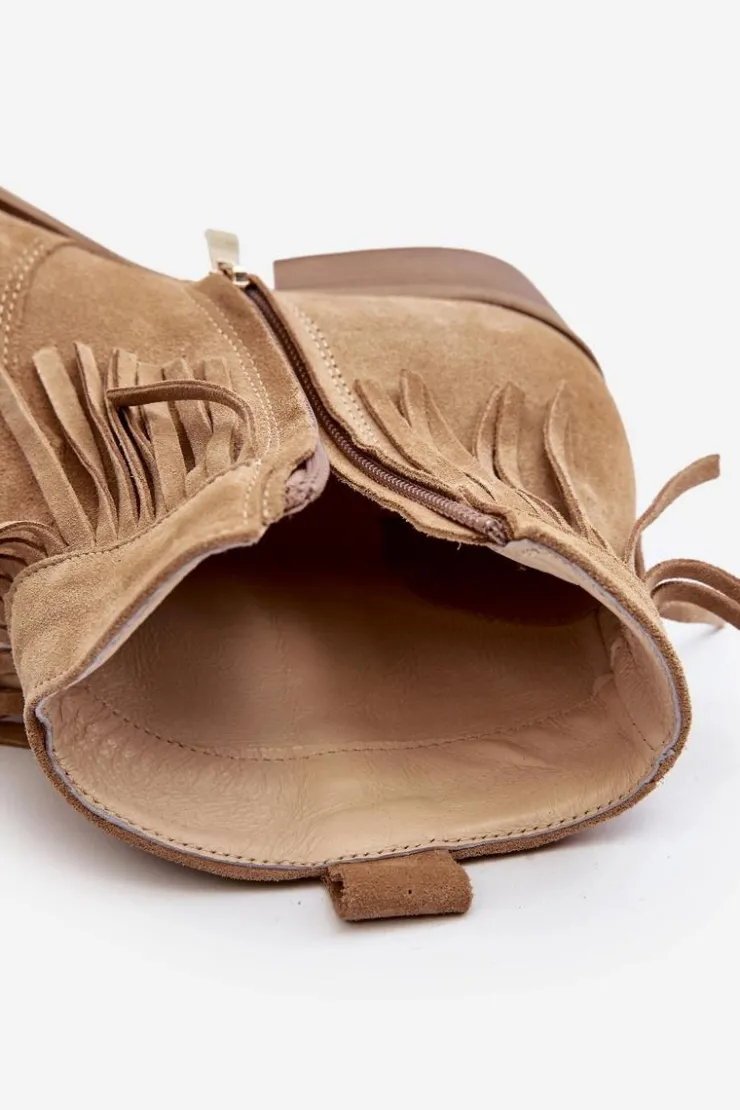 Zazoo Botki Wiosenne|Brązowe I Beżowe Botki*3430 Zamszowe Botki Damskie Z Frędzlami Beżowe