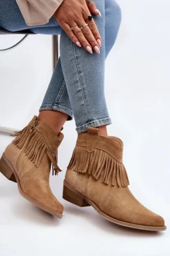 Zazoo Botki Wiosenne|Brązowe I Beżowe Botki*3430 Zamszowe Botki Damskie Z Frędzlami Beżowe